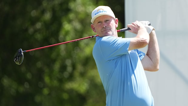 Brandt Snedeker plays his shot from the 12th tee during the second round of the Charles Schwab Challenge.