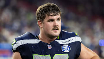 Sep 25, 2025; Glendale, Arizona, USA; Seattle Seahawks guard Grey Zabel (76) against the Arizona Cardinals at State Farm Stadium.