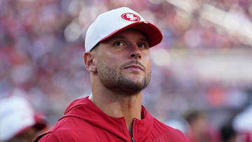 Aug 9, 2025; Santa Clara, California, USA;  San Francisco 49ers defensive lineman Nick Bosa (97) watches from the sidelines in the first quarter against the Denver Broncos at Levi's Stadium. Mandatory Credit: David Gonzales-Imagn Images