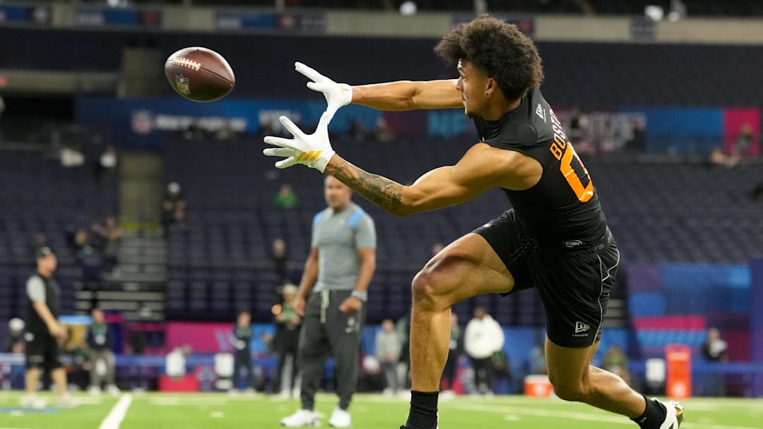 Feb 28, 2026; Indianapolis, IN, USA; Washington wideout Denzel Boston (WO08) during the NFL Scouting Combine at Lucas Oil Stadium. Mandatory Credit: Kirby Lee-Imagn Images