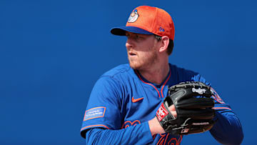 Feb 12, 2025; Port St. Lucie, FL, USA; New York Mets pitcher Brandon Waddell (82) pitches during a Spring Training workout at Clover Park. Mandatory Credit: Sam Navarro-Imagn Images