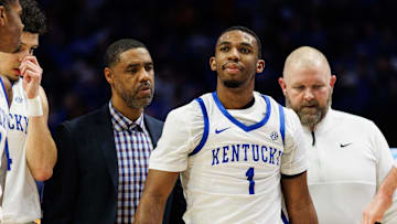 Feb 11, 2025; Lexington, Kentucky, USA; Kentucky Wildcats guard Lamont Butler (1) walks off the court after suffering an injury during the second half against the Tennessee Volunteers at Rupp Arena at Central Bank Center. Mandatory Credit: Jordan Prather-Imagn Images
