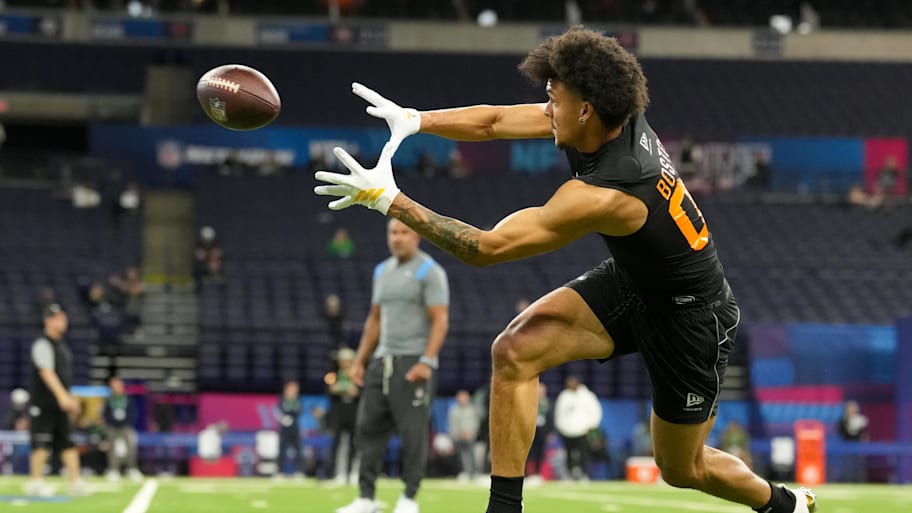 Washington wideout Denzel Boston catches a pass during the NFL scouting combine.
