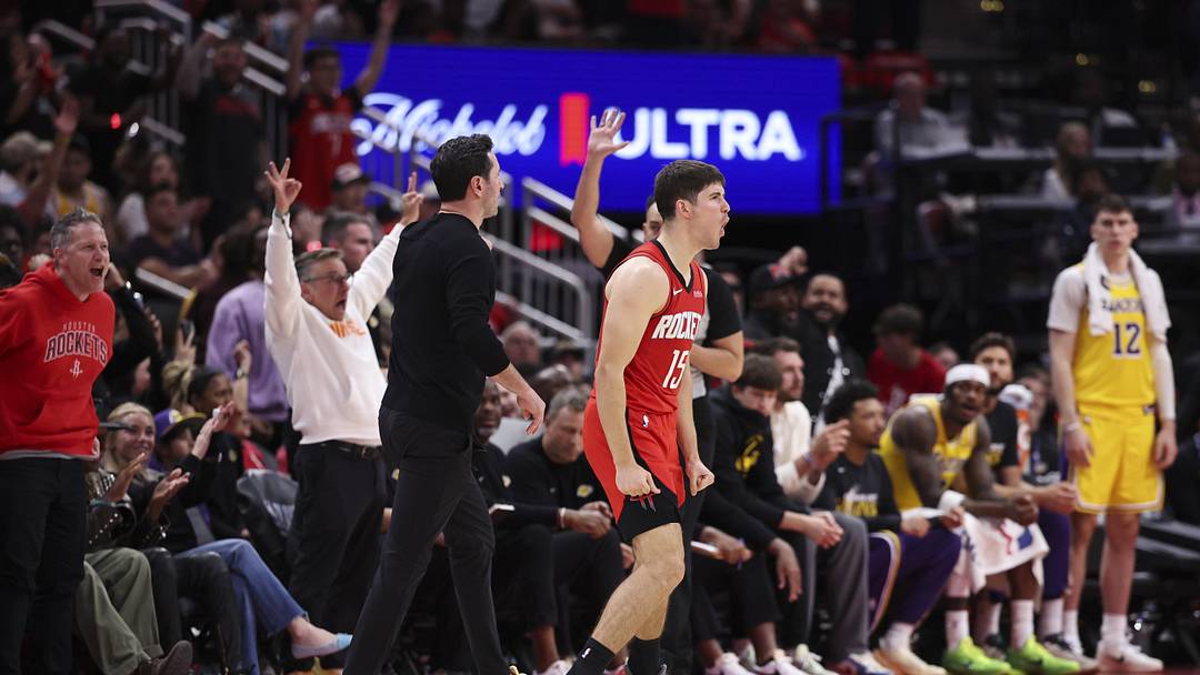 Apr 24, 2026; Houston, Texas, USA; Houston Rockets guard Reed Sheppard (15) reacts after making a basket during the fourth quarter against the Los Angeles Lakers during game three of the first round of the 2026 NBA Playoffs at Toyota Center. Mandatory Credit: Troy Taormina-Imagn Images Apr 24, 2026; Houston, Texas, USA; Houston Rockets guard Reed Sheppard (15) reacts after making a basket during the fourth quarter against the Los Angeles Lakers during game three of the first round of the 2026 NBA Playoffs at Toyota Center. Mandatory Credit: Troy Taormina-Imagn Images