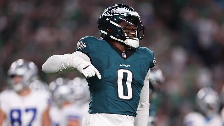 Philadelphia Eagles linebacker Joshua Uche reacts