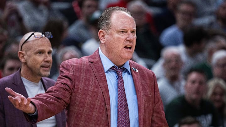 Mar 14, 2025; Indianapolis, IN, USA; Wisconsin Badgers head coach Greg Gard in the first half against the UCLA Bruins at Gainbridge Fieldhouse. Mar 14, 2025; Indianapolis, IN, USA; Wisconsin Badgers head coach Greg Gard in the first half against the UCLA Bruins at Gainbridge Fieldhouse.