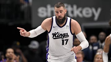 Mar 3, 2025; Dallas, Texas, USA; Sacramento Kings center Jonas Valanciunas (17) runs back up the court after scoring against the Dallas Mavericks during the first quarter at the American Airlines Center. Mandatory Credit: Jerome Miron-Imagn Images