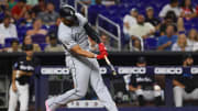 Jul 5, 2024; Miami, Florida, USA; Chicago White Sox designated hitter Eloy Jimenez hits a single.