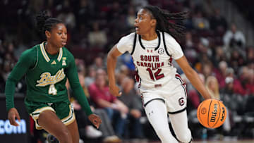 Point guard Mama Dembele, shown here against South Carolina, played all 45 minutes against Charlotte and had 12 points, five rebounds, and nine assists.