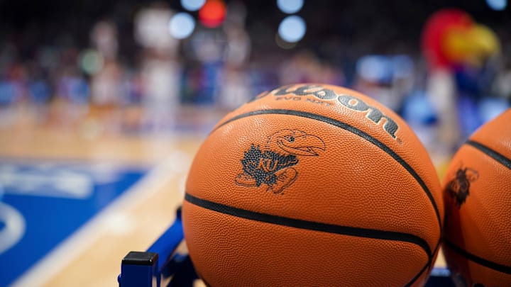 Dec 5, 2023; Lawrence, Kansas, USA; A general view of basketballs on court seen prior to a game between the Kansas Jayhawks and UMKC Kangaroos at Allen Fieldhouse. Dec 5, 2023; Lawrence, Kansas, USA; A general view of basketballs on court seen prior to a game between the Kansas Jayhawks and UMKC Kangaroos at Allen Fieldhouse.