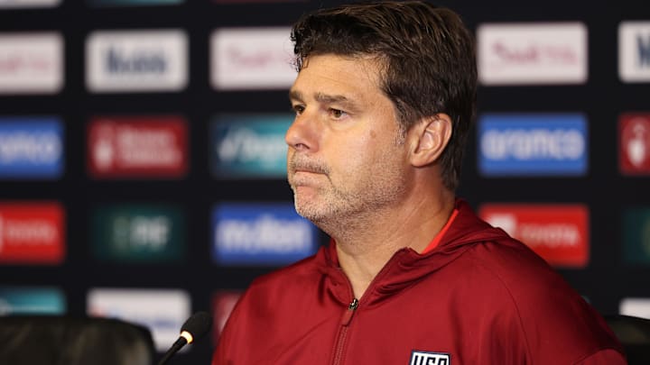 Jul 6, 2025; Houston, Texas, USA; United States head coach Mauricio Pochettino speaks to the media after the match against Mexico during the 2025 Gold Cup Final at NRG Stadium. 