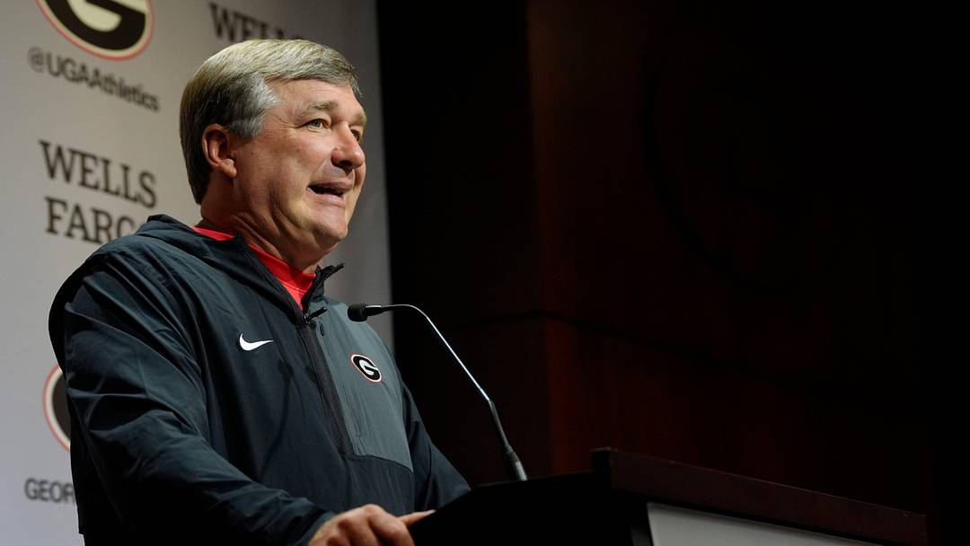 Georgia coach Kirby Smart speaks to the media on the first day of fall practice in Athens, Georgia, on Thursday, July 31, 2025.