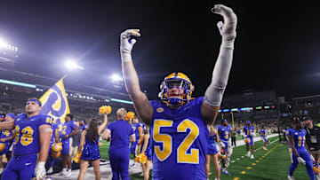 Nov 22, 2025; Atlanta, Georgia, USA; Pittsburgh Panthers linebacker Abe Ibrahim (52) celebrates after a victory over the Georgia Tech Yellow Jackets at Bobby Dodd Stadium at Hyundai Field. Mandatory Credit: Brett Davis-Imagn Images