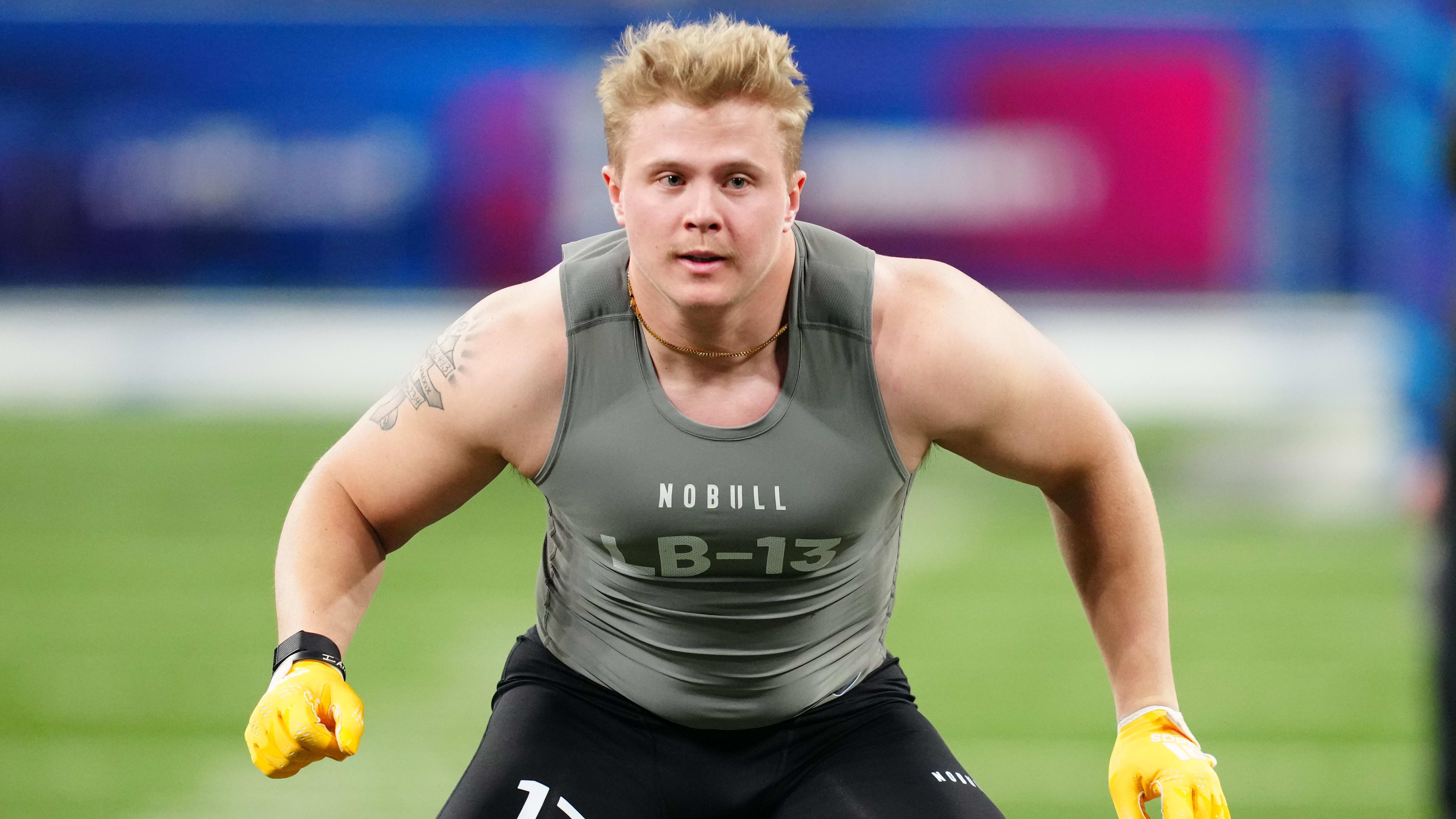 Wyoming linebacker Easton Gibbs (LB13) works out during the NFL Scouting Combine.
