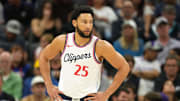 Apr 11, 2025; Sacramento, California, USA; Los Angeles Clippers guard Ben Simmons (25) during the third quarter against the Sacramento Kings at Golden 1 Center. Mandatory Credit: Darren Yamashita-Imagn Images