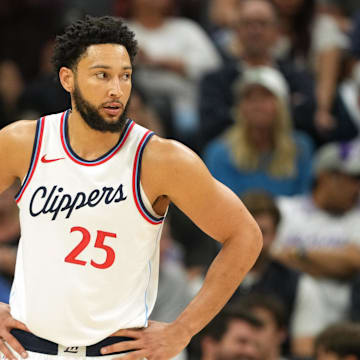 Apr 11, 2025; Sacramento, California, USA; Los Angeles Clippers guard Ben Simmons (25) during the third quarter against the Sacramento Kings at Golden 1 Center. Mandatory Credit: Darren Yamashita-Imagn Images