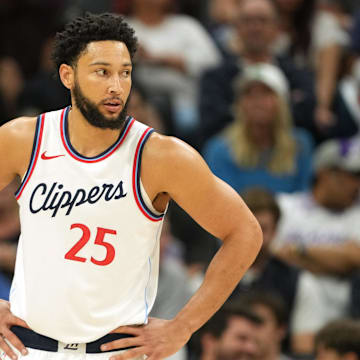 Apr 11, 2025; Sacramento, California, USA; Los Angeles Clippers guard Ben Simmons (25) during the third quarter against the Sacramento Kings at Golden 1 Center. Mandatory Credit: Darren Yamashita-Imagn Images