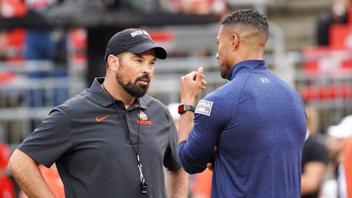 Ohio State coach Ryan Day and Notre Dame coach Marcus Freeman have an extended discussion before their game.

Ohio State-Notre Dame 0903