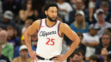 Apr 11, 2025; Sacramento, California, USA; Los Angeles Clippers guard Ben Simmons (25) during the third quarter against the Sacramento Kings at Golden 1 Center. Mandatory Credit: Darren Yamashita-Imagn Images