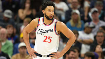 Apr 11, 2025; Sacramento, California, USA; Los Angeles Clippers guard Ben Simmons (25) during the third quarter against the Sacramento Kings at Golden 1 Center. Mandatory Credit: Darren Yamashita-Imagn Images