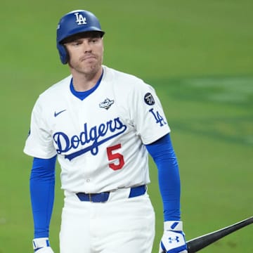Los Angeles Dodgers first baseman Freddie Freeman reacts after striking out as the team’s offense has gone silent during the World Series.