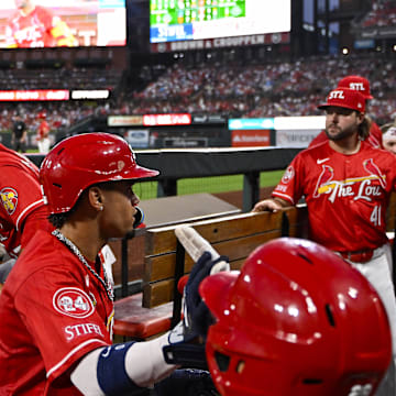 Aug 16, 2024; St. Louis, Missouri, USA;  St. Louis Cardinals shortstop Masyn Winn (0) celebrates with teammates after hitting a solo home run against the Los Angeles Dodgers during the third inning at Busch Stadium. Mandatory Credit: Jeff Curry-USA TODAY Sports