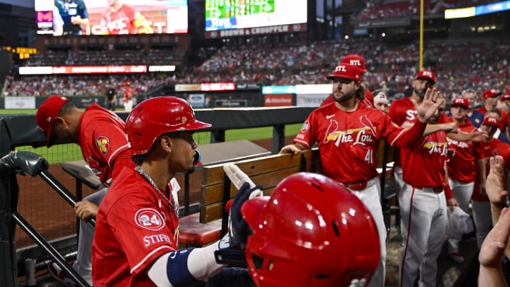 Aug 16, 2024; St. Louis, Missouri, USA;  St. Louis Cardinals shortstop Masyn Winn (0) celebrates with teammates after hitting a solo home run against the Los Angeles Dodgers during the third inning at Busch Stadium. Mandatory Credit: Jeff Curry-USA TODAY Sports