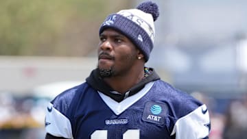 Jul 26, 2025; Oxnard, CA, USA; Dallas Cowboys defensive end Micah Parsons (11) at training camp at the River Ridge Fields. Mandatory Credit: Kirby Lee-Imagn Images
