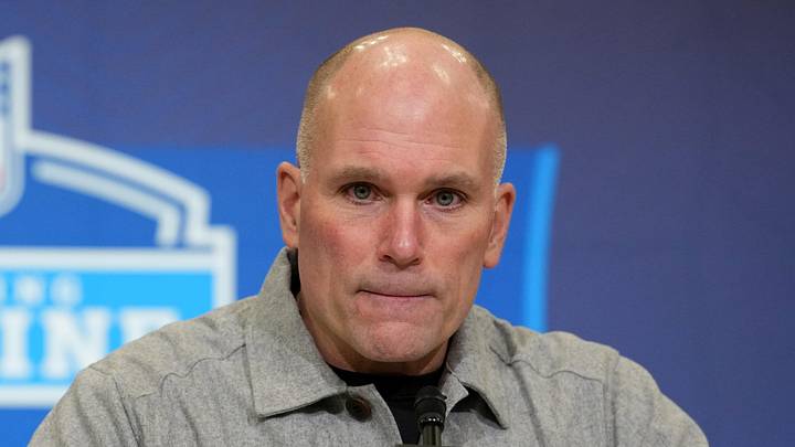 Feb 24, 2026; Indianapolis, IN, USA; Baltimore Ravens general manager Eric DeCosta speaks at the NFL Scouting Combine at the Indiana Convention Center. Mandatory Credit: Kirby Lee-Imagn Images