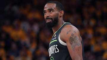 May 10, 2025; San Francisco, California, USA; Minnesota Timberwolves guard Mike Conley (10) waits for play to resume against the Golden State Warriors in the fourth quarter during game three in the second round for the 2025 NBA Playoffs at Chase Center. Mandatory Credit: David Gonzales-Imagn Images