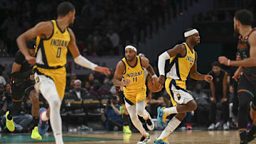 Dec 15, 2023; Washington, District of Columbia, USA;  Indiana Pacers forward Bruce Brown (11) dribbles uo the court during the second half against the Washington Wizards at Capital One Arena. Mandatory Credit: Tommy Gilligan-Imagn Images