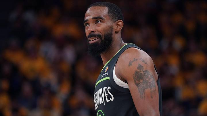 May 10, 2025; San Francisco, California, USA; Minnesota Timberwolves guard Mike Conley (10) waits for play to resume against the Golden State Warriors in the fourth quarter during game three in the second round for the 2025 NBA Playoffs at Chase Center. Mandatory Credit: David Gonzales-Imagn Images
