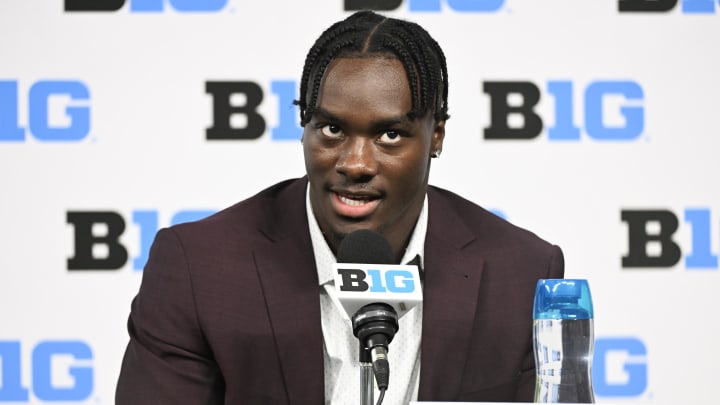 Jul 24, 2024; Indianapolis, IN, USA; Michigan State Spartans running back Nathan Carter speaks to the media during the Big 10 football media day at Lucas Oil Stadium. Mandatory Credit: Robert Goddin-USA TODAY Sports