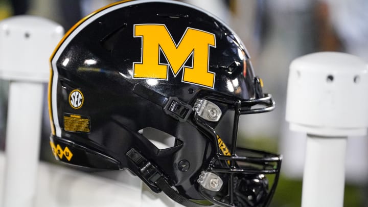 Nov 18, 2023; Columbia, Missouri, USA; A general view of a Missouri Tigers helmet against the Florida Gators during the first half at Faurot Field at Memorial Stadium. Mandatory Credit: Denny Medley-USA TODAY Sports