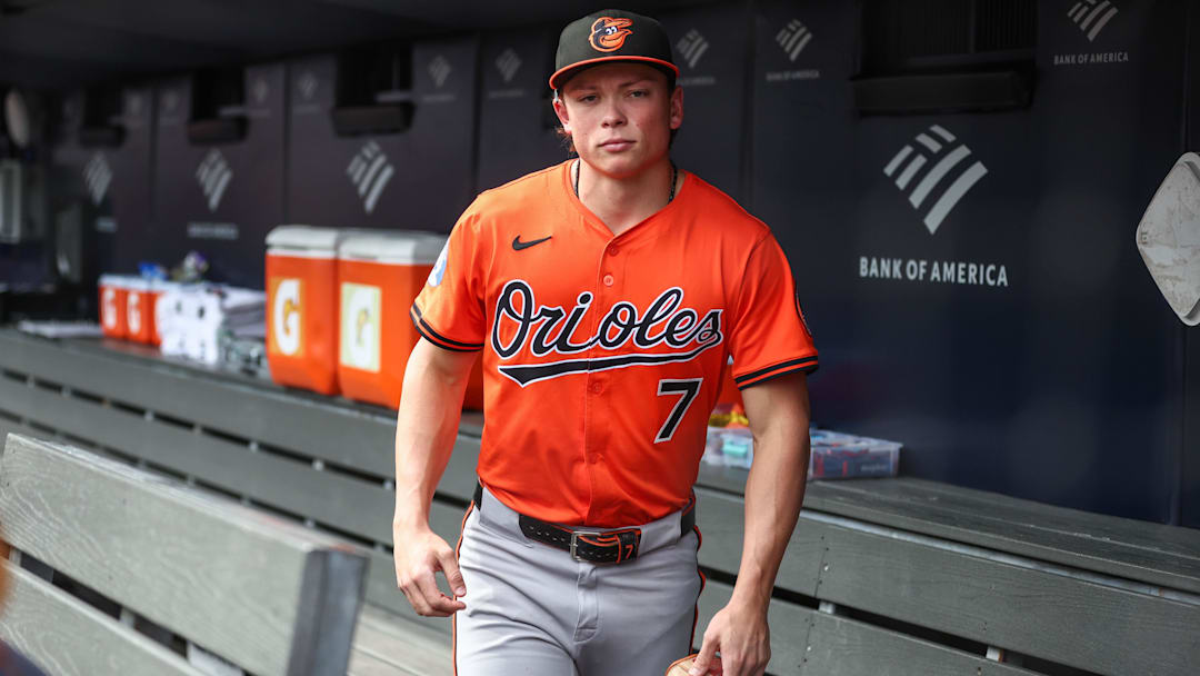 Sep 27, 2025; Bronx, New York, USA;  Baltimore Orioles second baseman Jackson Holliday (7) at Yankee Stadium. Mandatory Credit: Wendell Cruz-Imagn Images