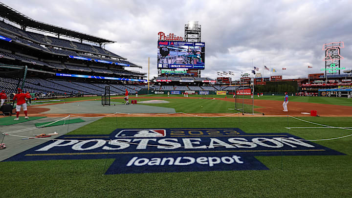 Oct 16, 2023; Philadelphia, Pennsylvania, USA; A of the MLB Postseason logo on the field before the Arizona Diamondbacks playing Philadelphia Phillies in game one of the NLCS for the 2023 MLB playoffs at Citizens Bank Park. Mandatory Credit: Bill Streicher-Imagn Images