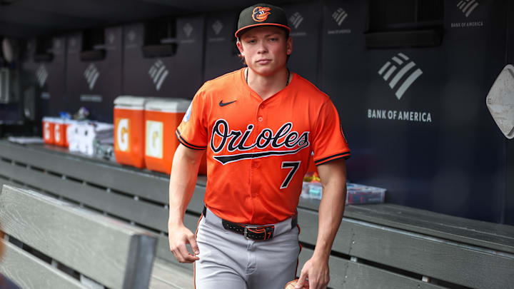 Sep 27, 2025; Bronx, New York, USA;  Baltimore Orioles second baseman Jackson Holliday (7) at Yankee Stadium. Mandatory Credit: Wendell Cruz-Imagn Images