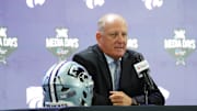 Jul 8, 2025; Frisco, TX, USA; Kansas State head coach Chris Klieman addresses the media during 2025 Big 12 Football Media Days at The Star. Mandatory Credit: Raymond Carlin III-Imagn Images