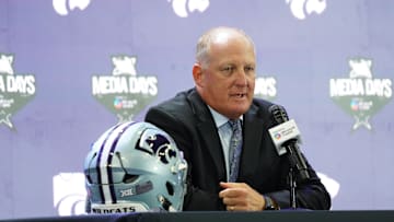 Jul 8, 2025; Frisco, TX, USA; Kansas State head coach Chris Klieman addresses the media during 2025 Big 12 Football Media Days at The Star. Mandatory Credit: Raymond Carlin III-Imagn Images