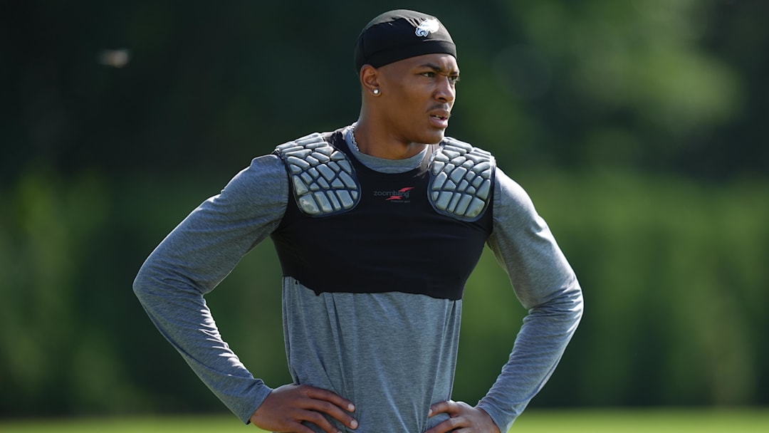 Jul 24, 2025; Philadelphia, PA, USA; Philadelphia Eagles wide receiver DeVonta Smith (6) warms up during training camp at NovaCare Complex. Mandatory Credit: Kyle Ross-Imagn Images