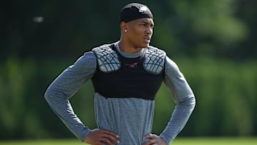 Jul 24, 2025; Philadelphia, PA, USA; Philadelphia Eagles wide receiver DeVonta Smith (6) warms up during training camp at NovaCare Complex. Mandatory Credit: Kyle Ross-Imagn Images