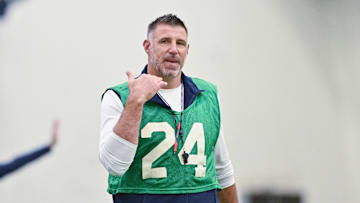 Jun 10, 2025; Foxborough, MA, USA; New England Patriots head coach Mike Vrabel gestures during minicamp held in the WIN Field House at Gillette Stadium. Mandatory Credit: Eric Canha-Imagn Images