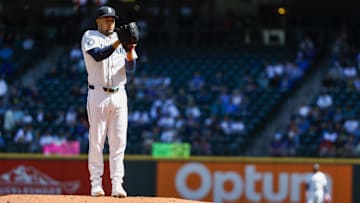 Aug 28, 2024; Seattle, Washington, USA; Seattle Mariners starting pitcher Luis Castillo (58) readies to throw against the Tampa Bay Rays during the first inning at T-Mobile Park. Mandatory Credit: Joe Nicholson-Imagn Images