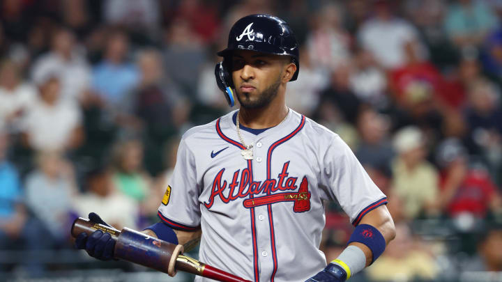 Jul 9, 2024; Phoenix, Arizona, USA; Atlanta Braves outfielder Eddie Rosario against the Arizona Diamondbacks at Chase Field. Mandatory Credit: Mark J. Rebilas-USA TODAY Sports