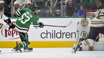 Nov 6, 2023; Dallas, Texas, USA; Boston Bruins goaltender Jeremy Swayman (1) stops a shot by Boston