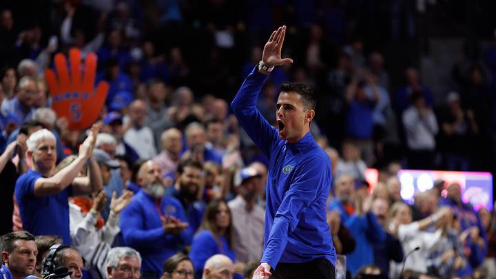 Jan 7, 2025; Gainesville, Florida, USA; Florida Gators head coach Todd Golden gestures toward the crowd against the Tennessee Volunteers during the second half at Exactech Arena at the Stephen C. O'Connell Center. Mandatory Credit: Matt Pendleton-Imagn Images