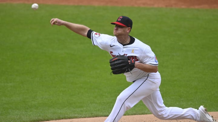 Sep 1, 2024; Cleveland, Ohio, USA; Cleveland Guardians starting pitcher Alex Cobb (35) delivers a pitch in the second inning against the Pittsburgh Pirates at Progressive Field. Mandatory Credit: David Richard-USA TODAY Sports