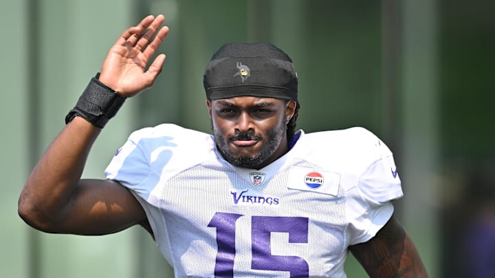 Minnesota Vikings linebacker Dallas Turner (15) warms up during practice at Vikings training camp in Eagan, Minn., on Aug. 3, 2024. 