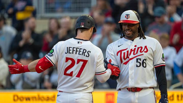 May 12, 2026; Minneapolis, Minnesota, USA; Minnesota Twins catcher Ryan Jeffers (27) celebrates with designated hitter Josh Bell (56) after hitting a two-run home run against the Miami Marlins in the fifth inning at Target Field. Mandatory Credit: Jesse Johnson-Imagn Images