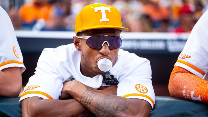 Jun 22, 2024; Omaha, NE, USA; Tennessee Volunteers second baseman Christian Moore (1) looks on before a game against the Texas A&M Aggies at Charles Schwab Field Omaha. Mandatory Credit: Dylan Widger-USA TODAY Sports